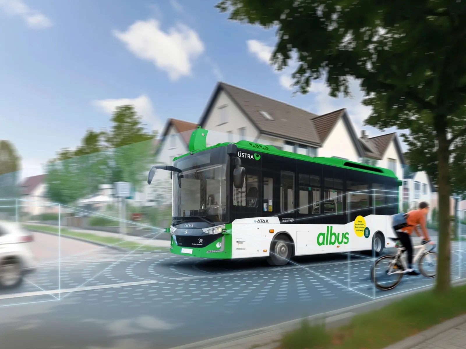 Ein Bus mit der Aufschrift "albus" f&auml;hrt durch ein Wohngebiet, k&uuml;nstliche Linien im Bild sollen visualisieren, wie der autonome Bus seine Umgebung scannt.