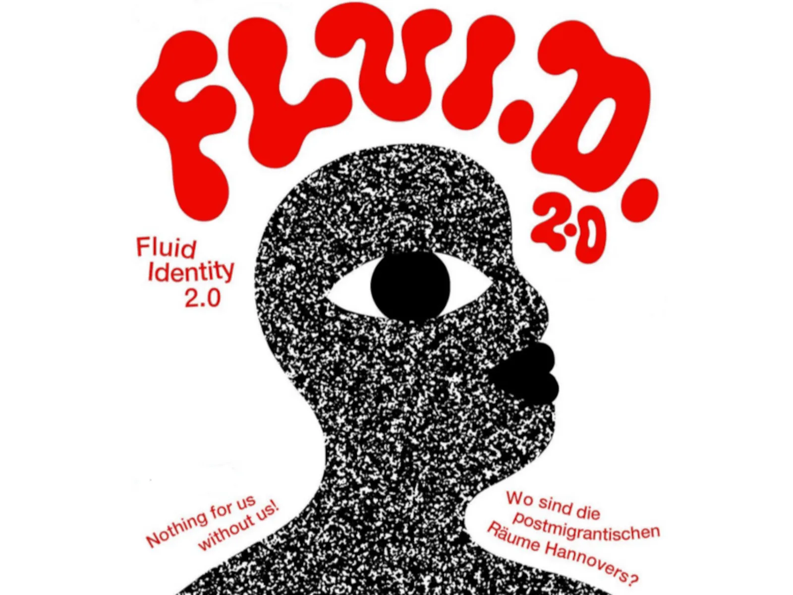 Ein Logo. In rot ein wolkiger Schriftzug: Fluid 2.0 . Darunter ein stilisierter Kopf in schwarz-weiß mit einem sehr großen Auge.