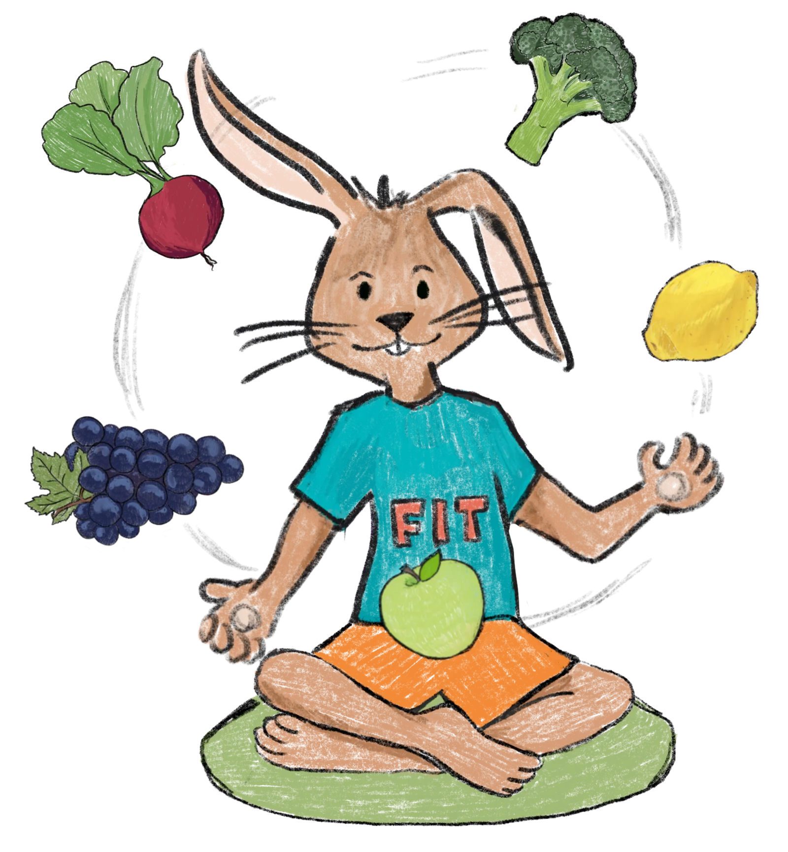 Gezeichneter Hase mit gezeichneten Lebensmitteln, mit denen der Hase jongliert
