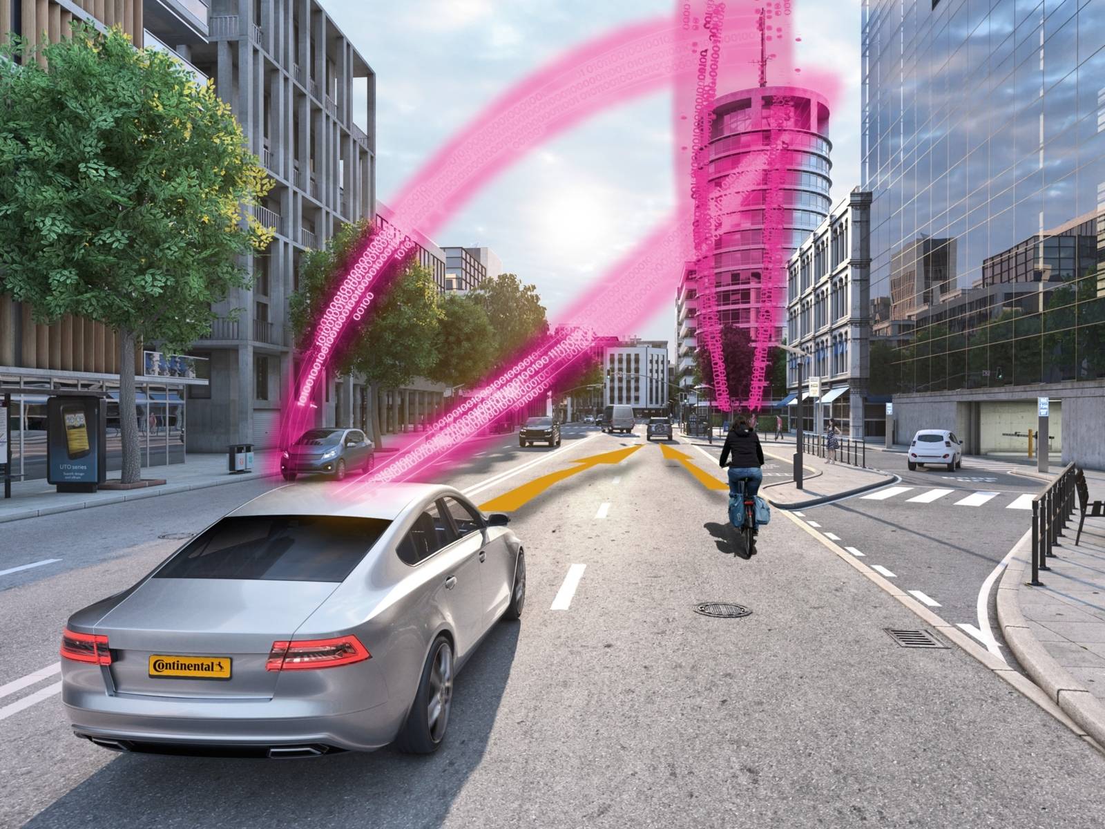 Grafik zeigt ein Auto und einen Radfahrer auf einer Großstadtstraße. Pfeile symbolisieren einen Datenfluss vom Auto zum Radfahrer.