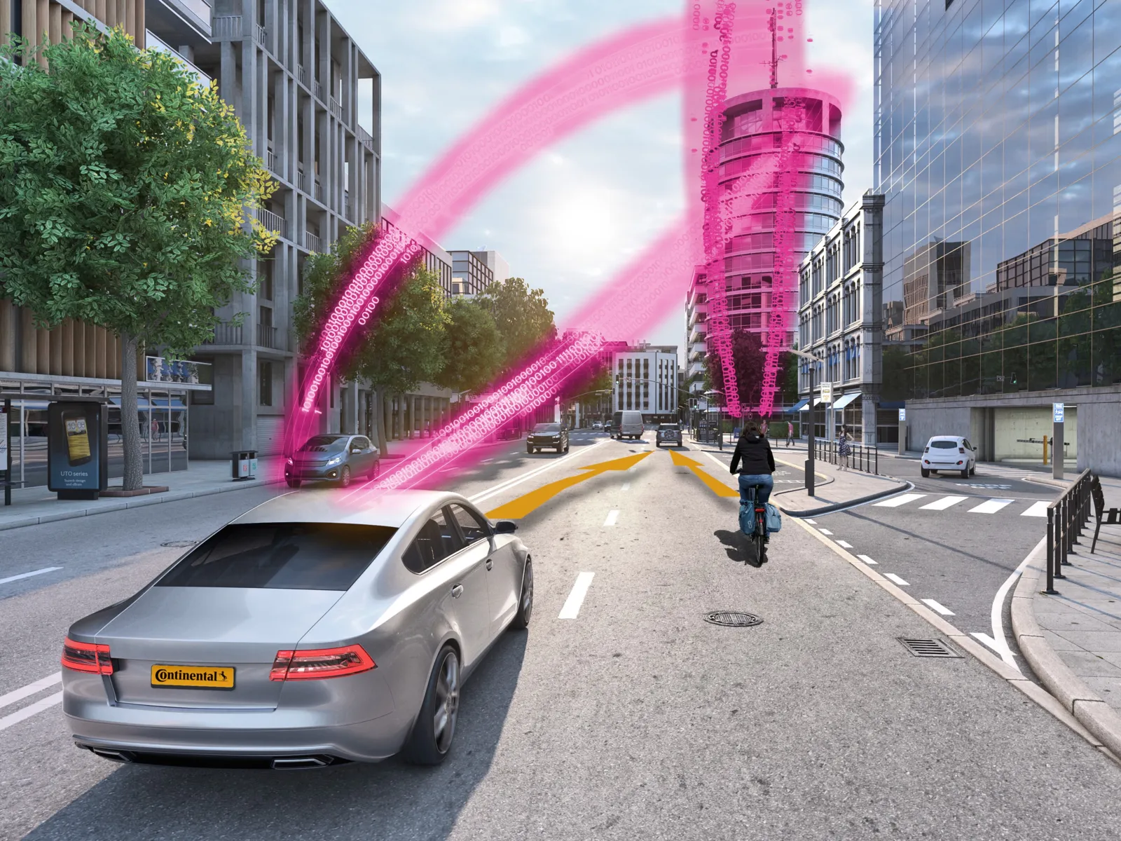 Grafik zeigt ein Auto und einen Radfahrer auf einer Großstadtstraße. Pfeile symbolisieren einen Datenfluss vom Auto zum Radfahrer.