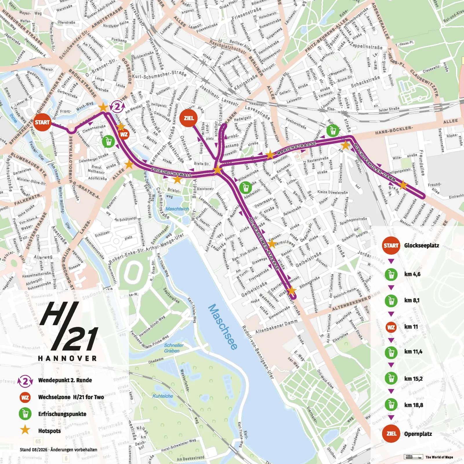 Kartenausschnitt mit Start- und Zielkreisen, eine lila markierte Strecke n&ouml;rdlich des Maschsees. H/21 Hannover steht auf der Karte.