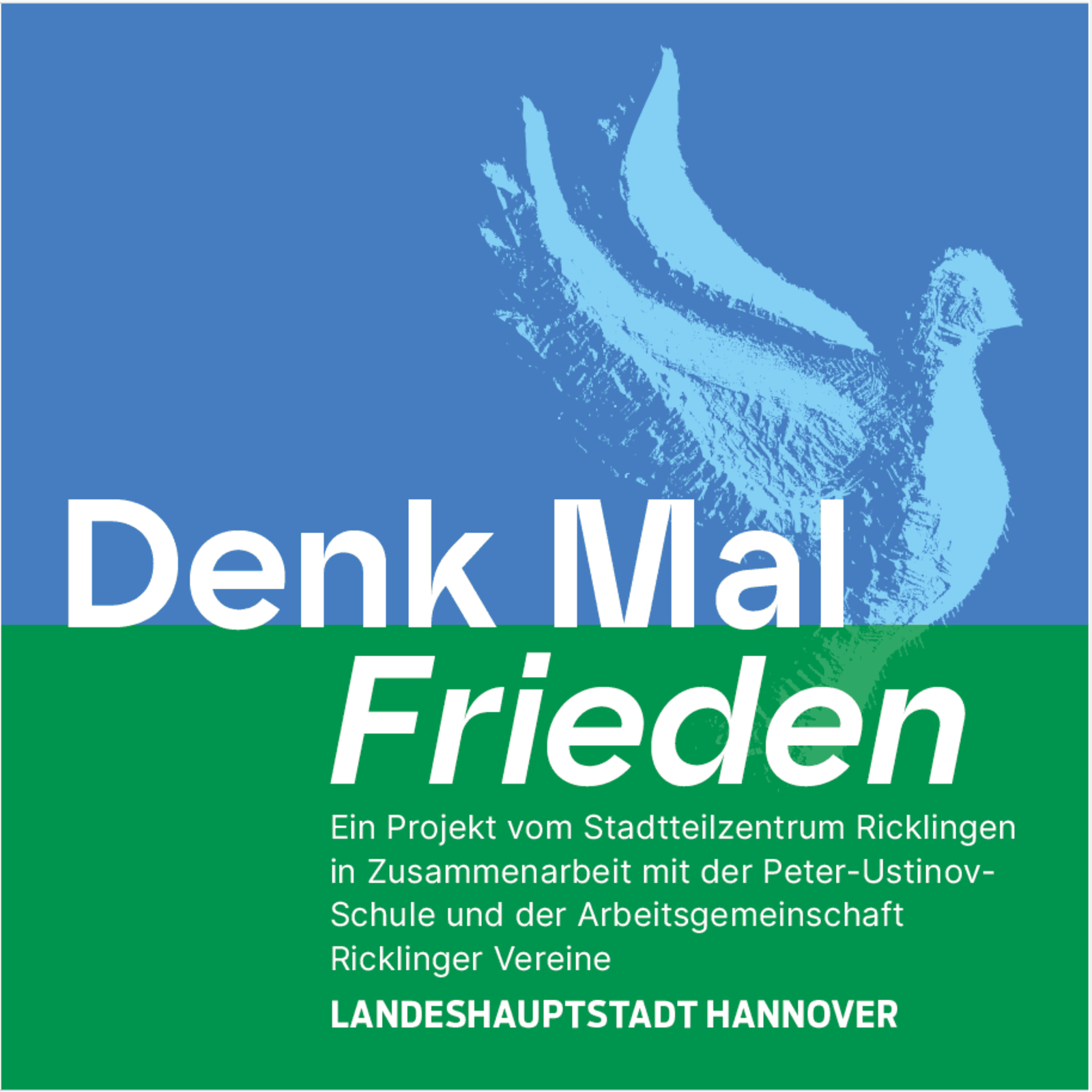 Eine Friedenstaube hinter dem Titel des Projekts