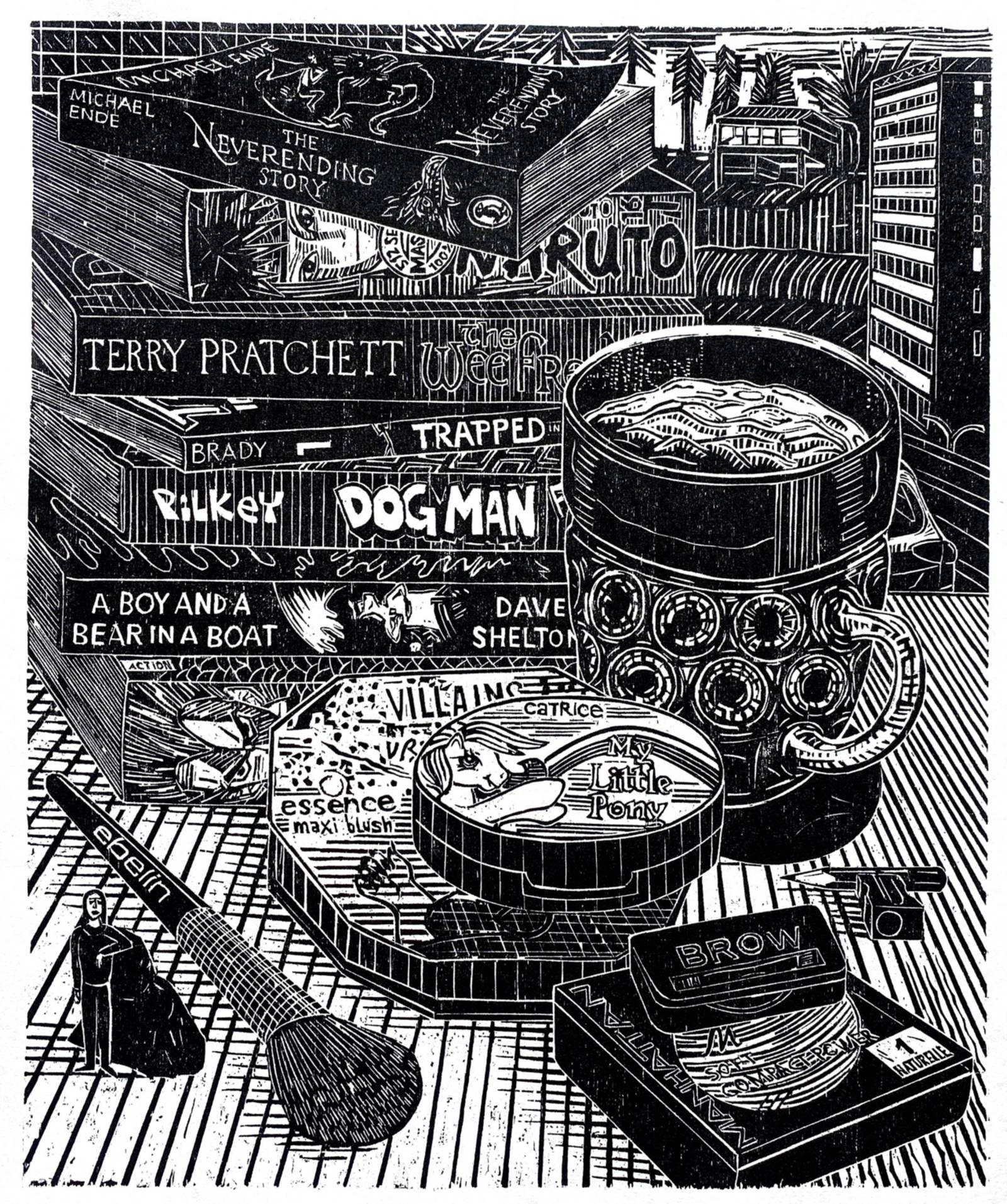 Zu sehen ist ein kontrastreicher Holzschnitt von Gabriela Jolowicz: Im Hintergrund stapeln sich popul&auml;re B&uuml;cher und Mangas, davor sind weitere Gegenst&auml;nde angesammelt.