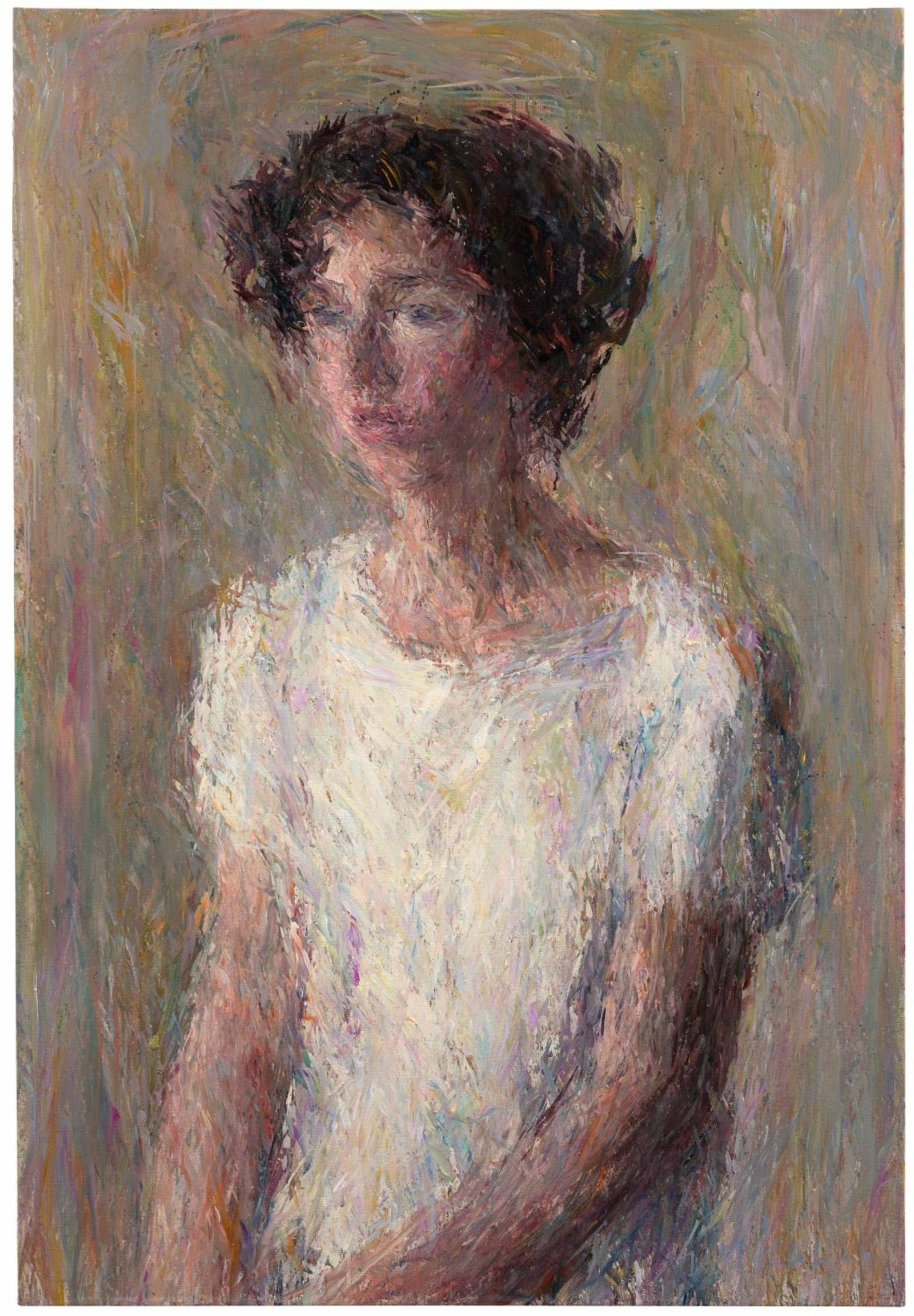 Zu sehen ist eine &Ouml;lmalerei von Daniel Enkaoua: Ein Drei-Viertel-Portrait eine jungen Mannes mit braunem Lockenhaar.