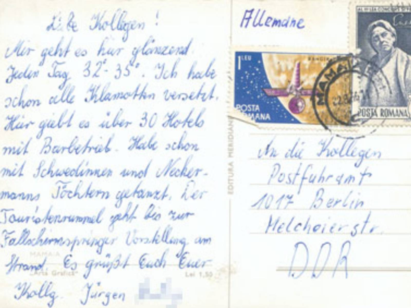 Text auf einer R&uuml;ckseite einer Urlaubspostkarte aus Rum&auml;nien