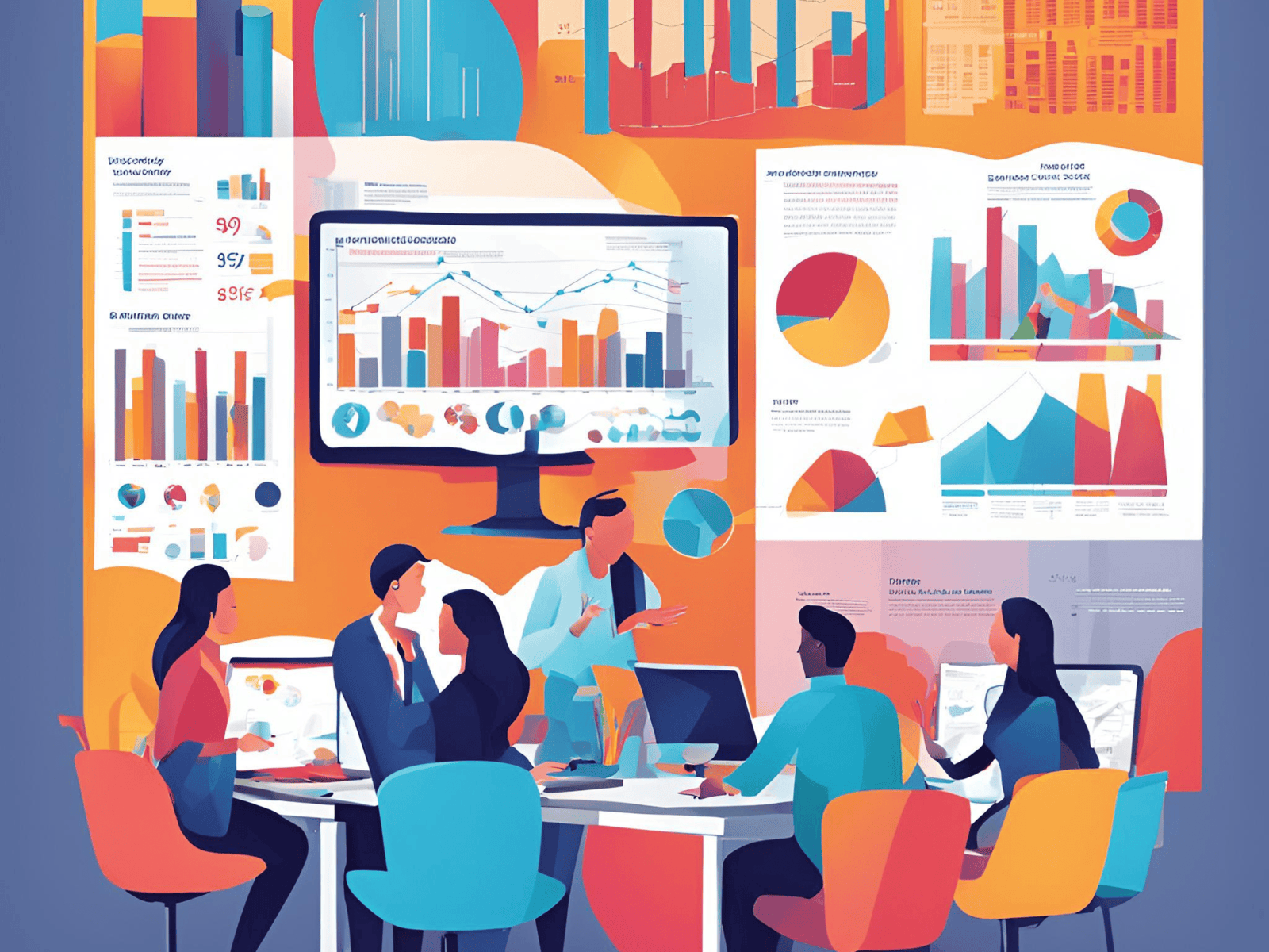 Stilisierte Menschen um einen Tisch, im Hintergrund diversen Statistiken