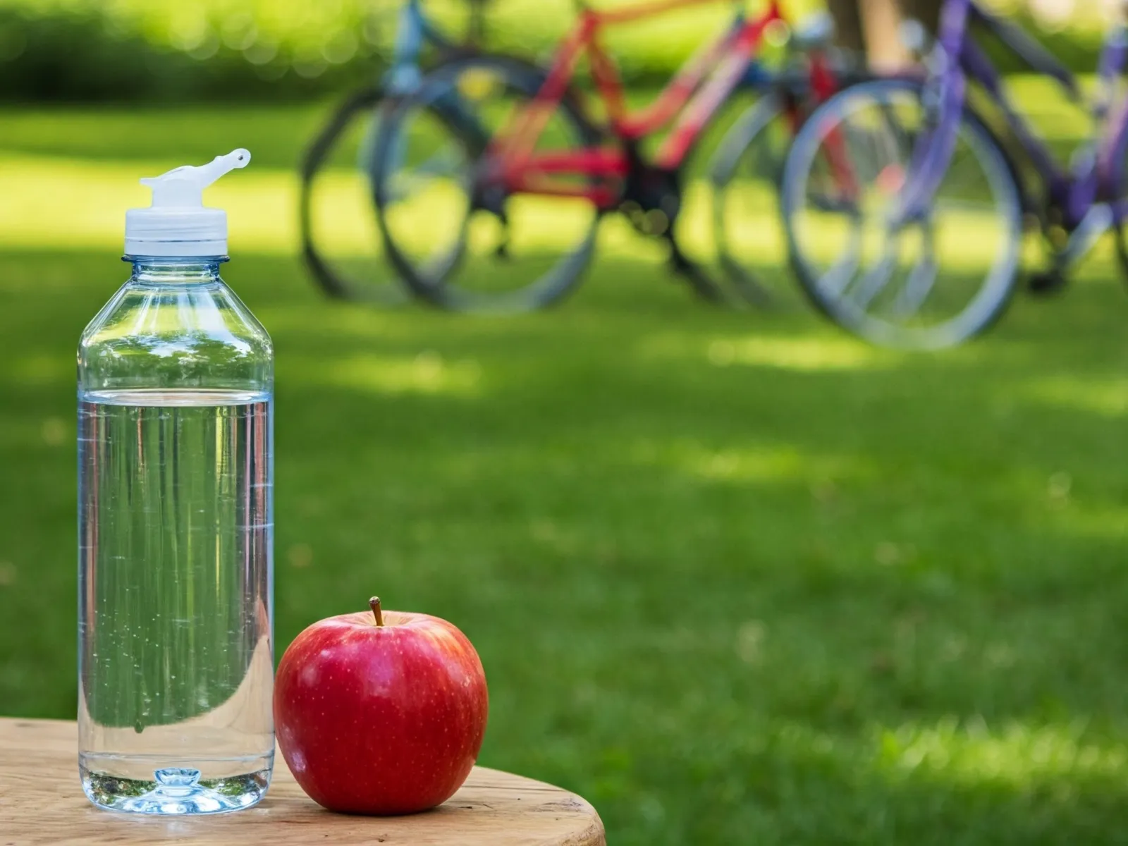 Wasserflasche und ein Apfel, im Hintergrund Fahrräder