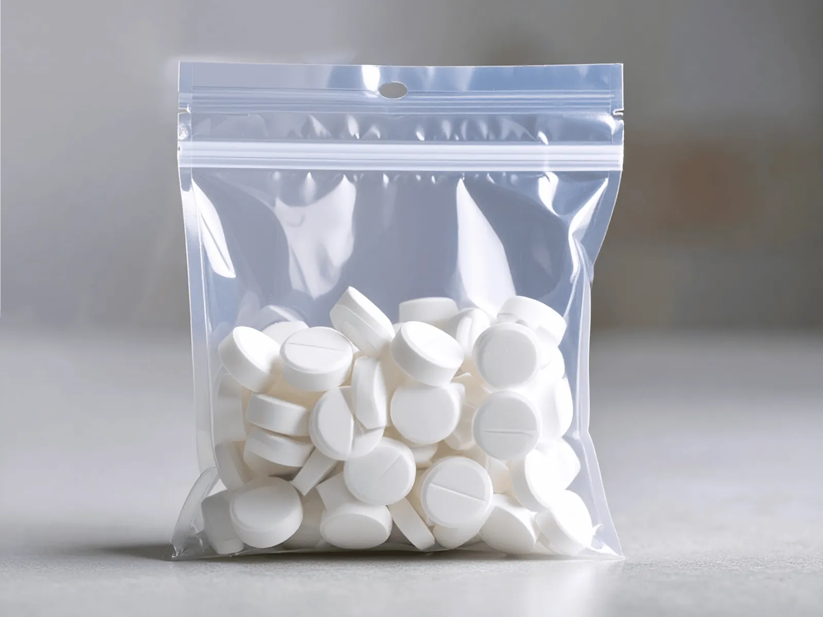 Eine kleine Plastiktüte mit weißen Tabletten.