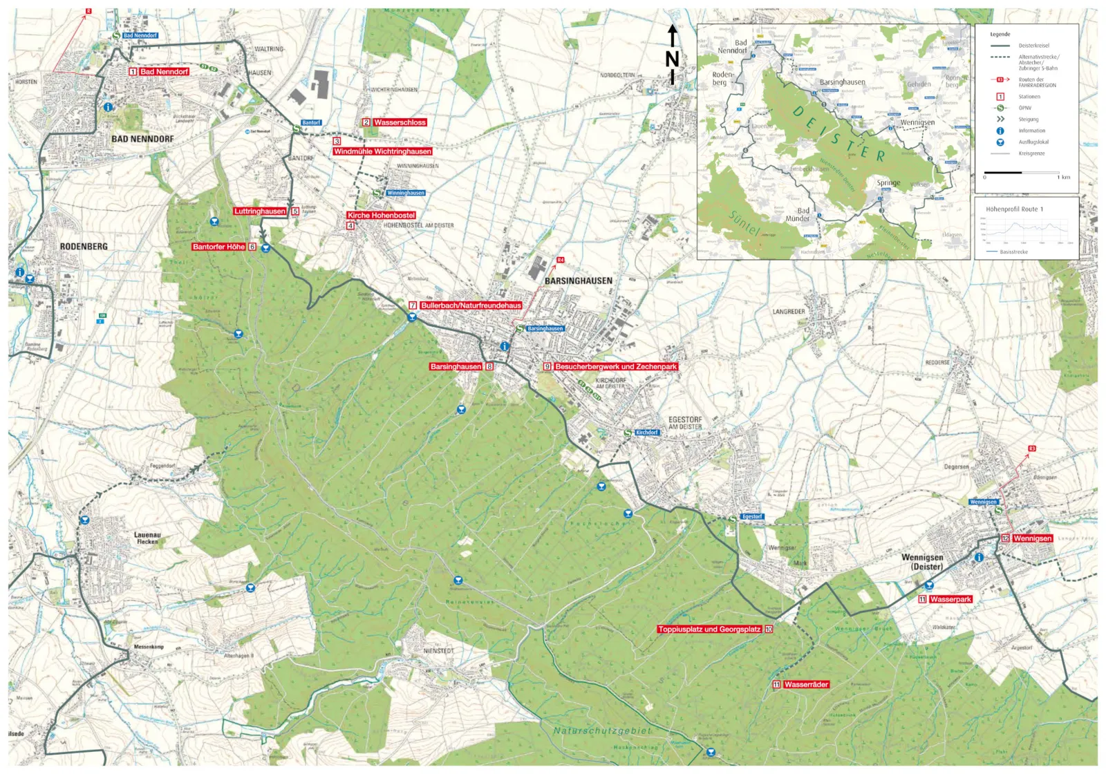 Karte vom H&ouml;henzug Deister mit eingezeichneter Fahrradroute