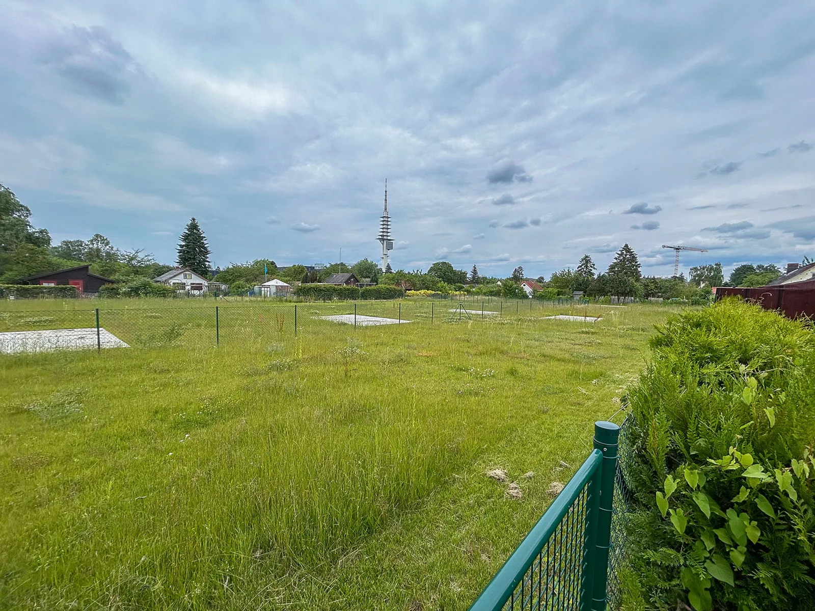 Blick in leere Kleingartenparzellen.