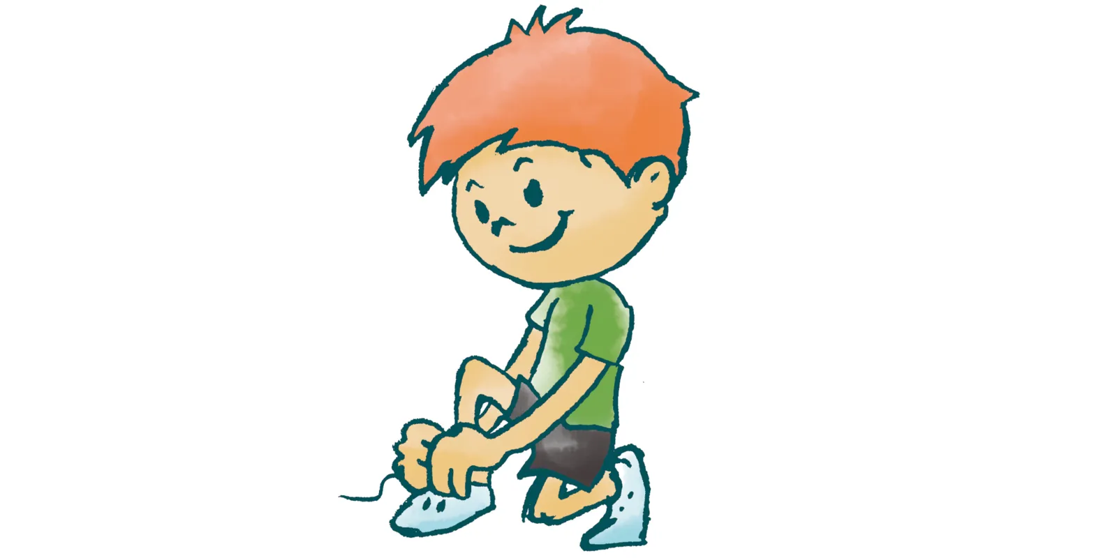 Zeichnung: Ein Kind bindet sich die Schuhe zu, knotet die Schn&uuml;rsenkel und darauf eine Schleife.