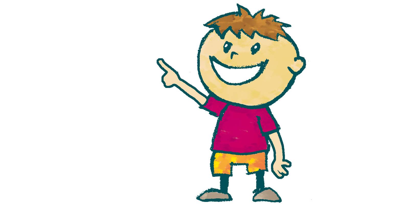 Zeichnung: Ein Kind steht und zeigt mit dem Finger auf ein nicht sichtbares Ziel