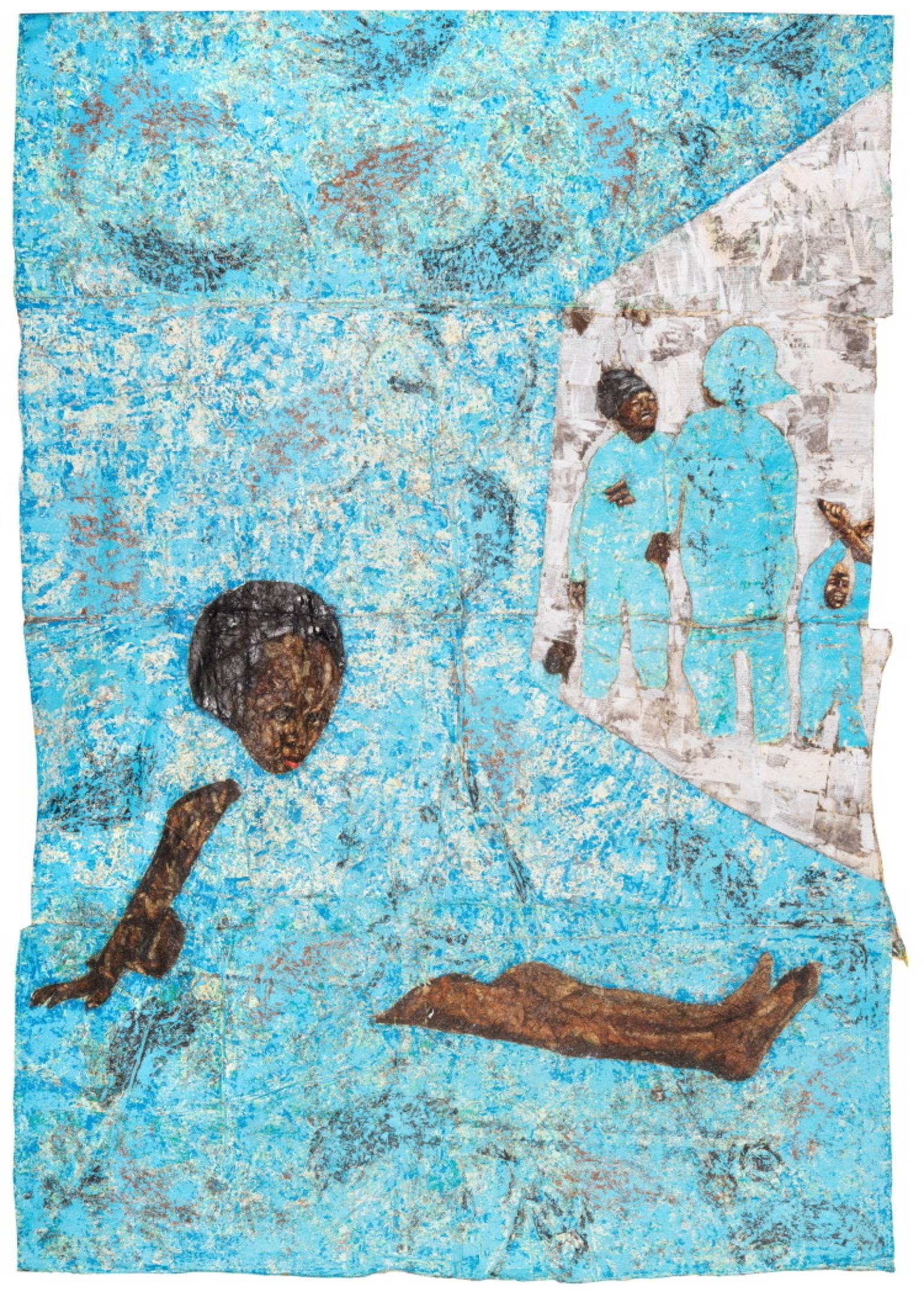 Zu sehen ist eine Malerei von Kaloki Nyamai: Ein Schwarzes M&auml;dchen befindet sich in einer t&uuml;rkis-blauen Umgebung.