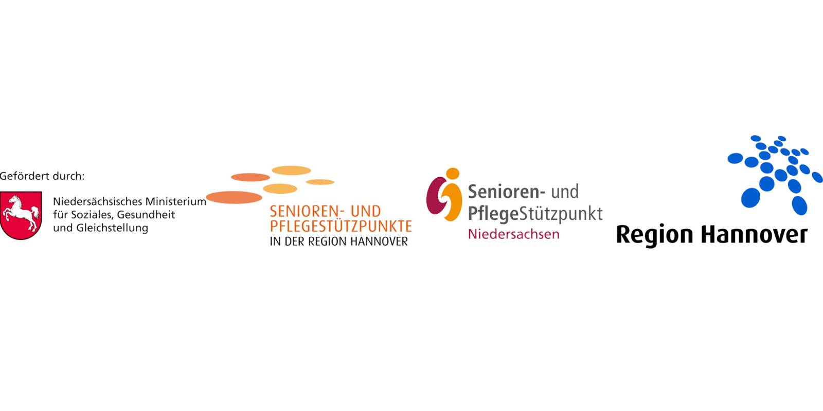 4 Logos, von links nach rechts: Niedersächsisches Ministerium für Soziales, Gesundheit und Gleichstellung | Senioren- und Pflegestützpunkte in der Region Hannover | Senioren- und Pflegestützpunkt Niedersachsen | Region Hannover