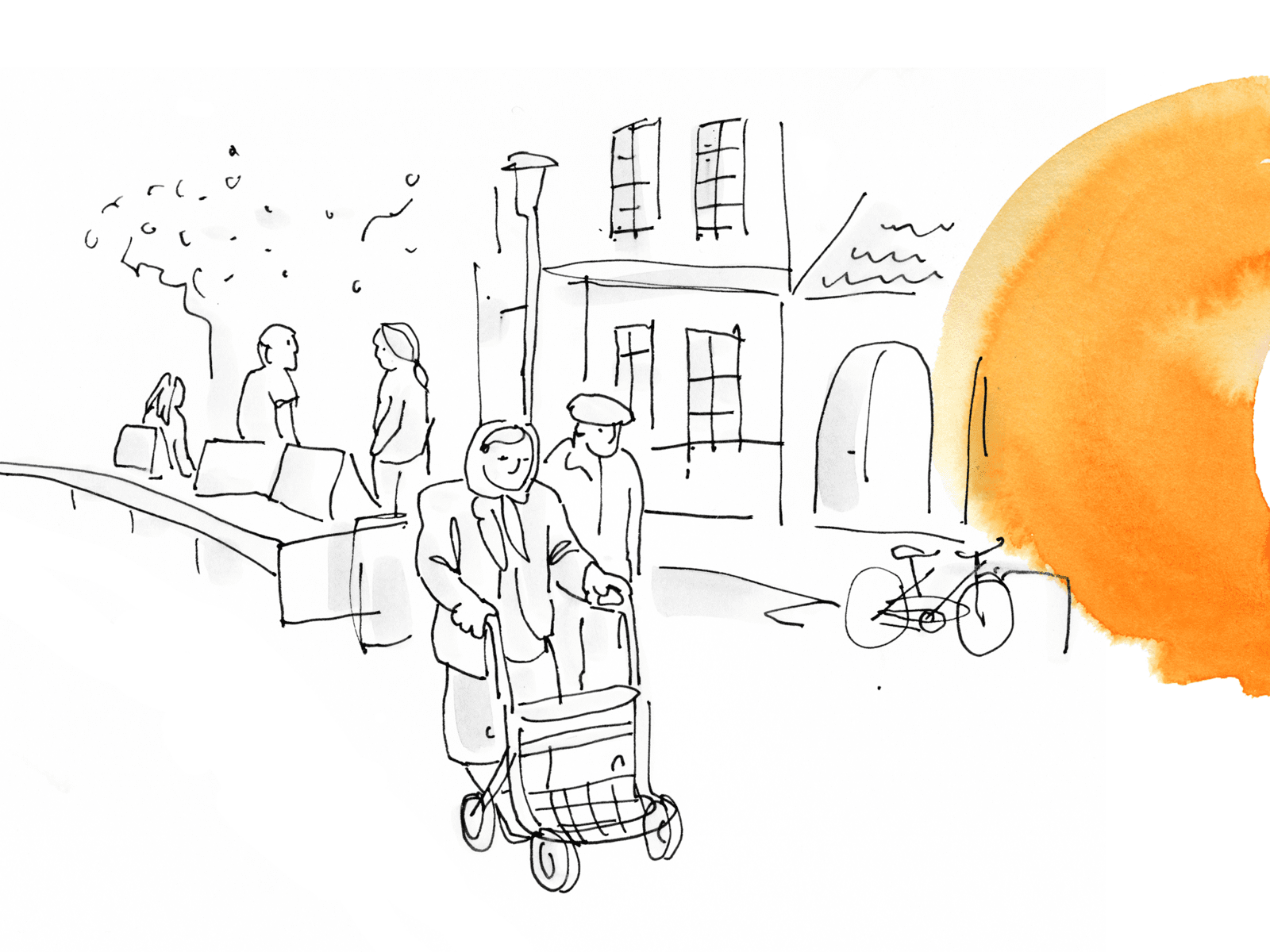 Eine in weiß gehaltene Zeichnung, die ältere Menschen zeigt. An der Seite orangene Farbkleckse.