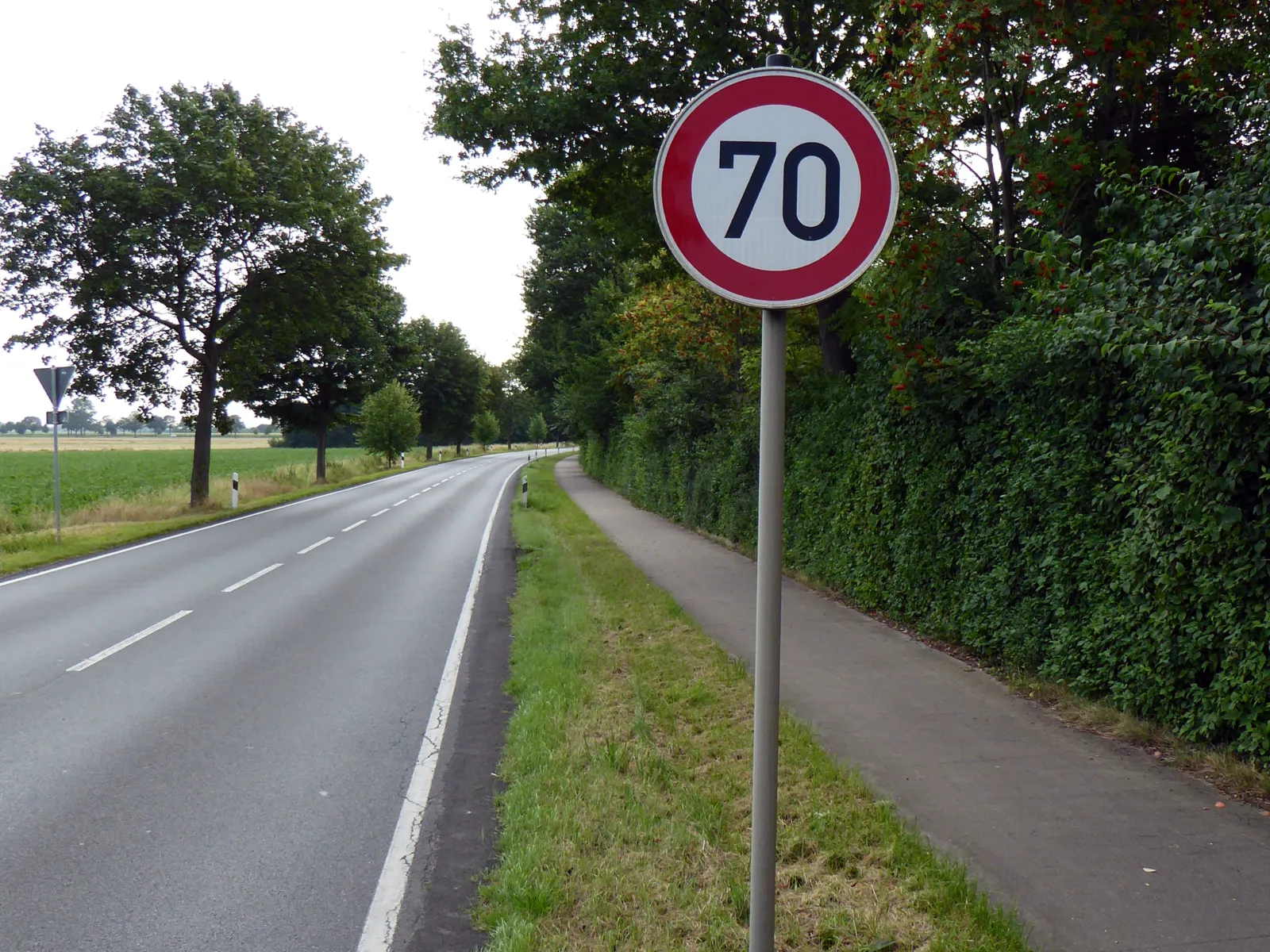 Eine 70-Schild an einer Landstraße.
