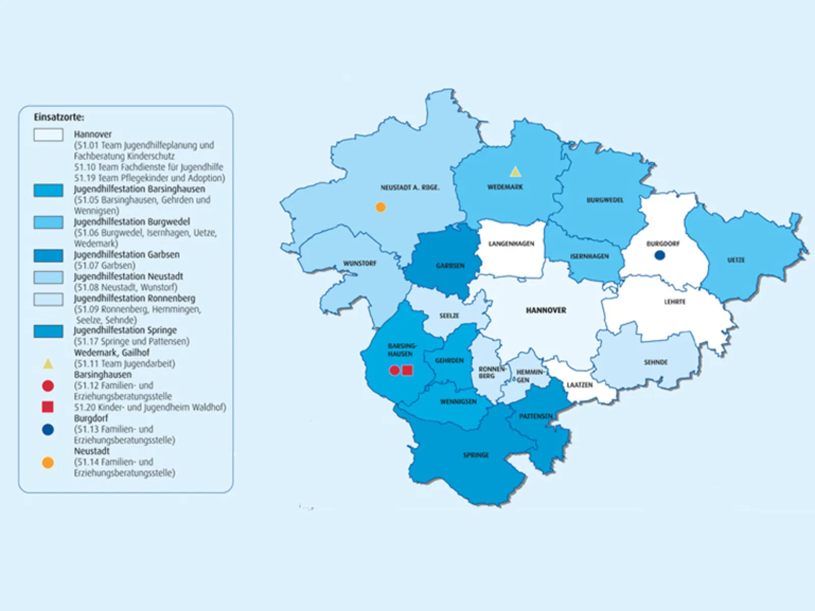 Eine beschriftetet Karte, die die 21 St&auml;dte und gemeinden der Region Hannover zeigt. Dazu gibt es eine Legende mit den Einsatzorten dere Jugendhilfe.