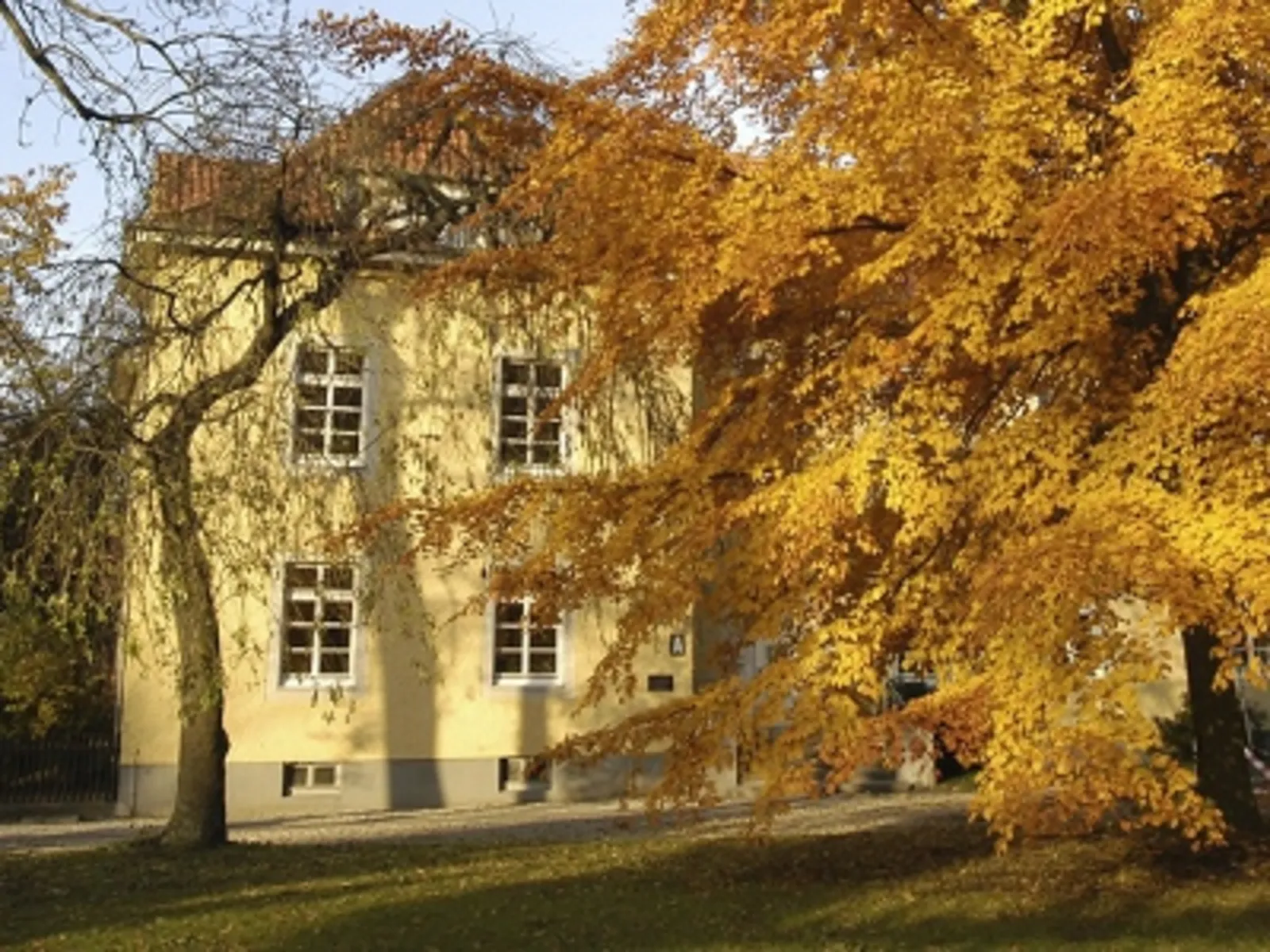 Gelbes Gebäude im Schatten von Bäumen, die bereits Herbstlaub tragen.