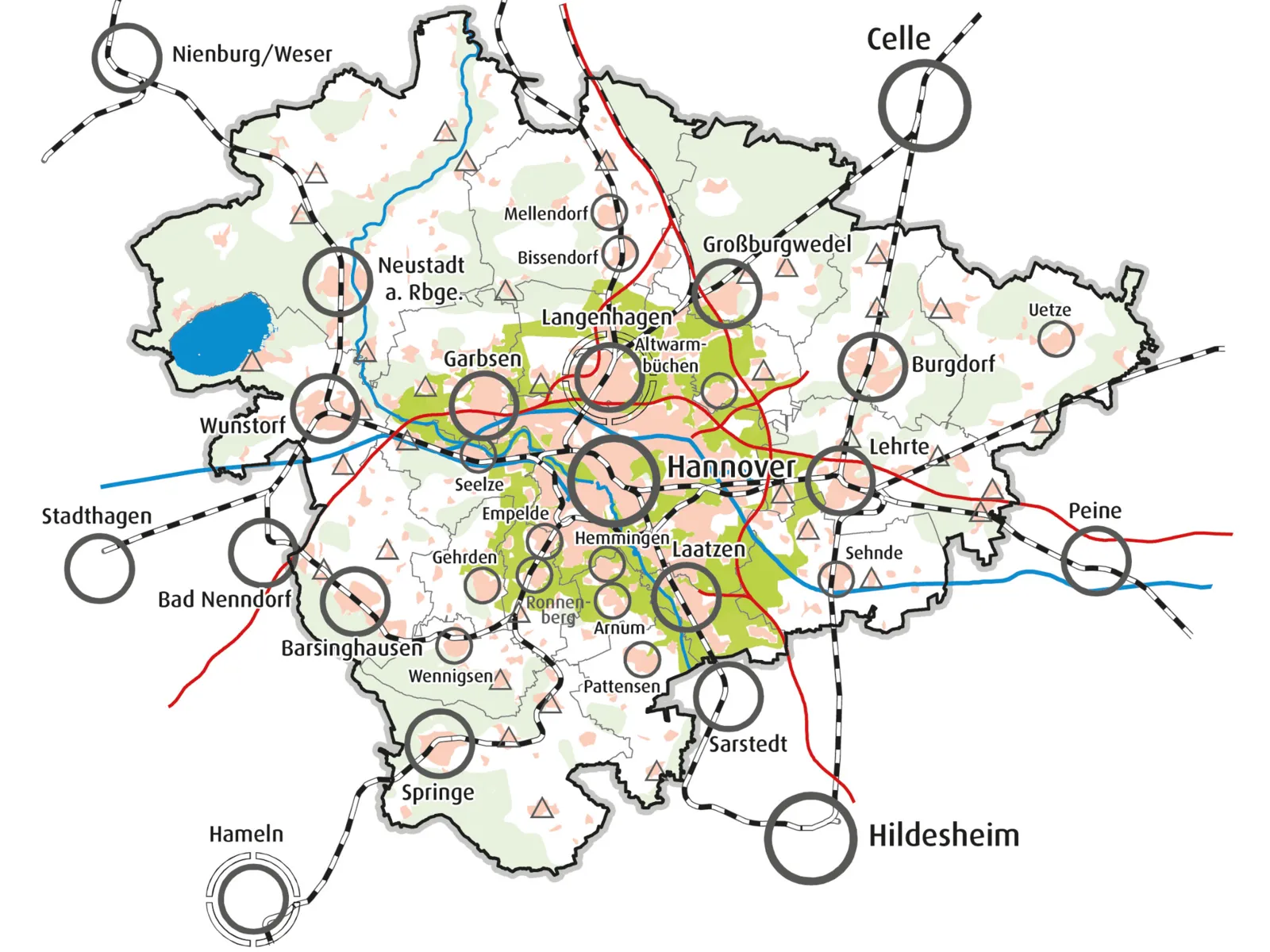 Schemakarte der Region Hannover mit markierten Zentren