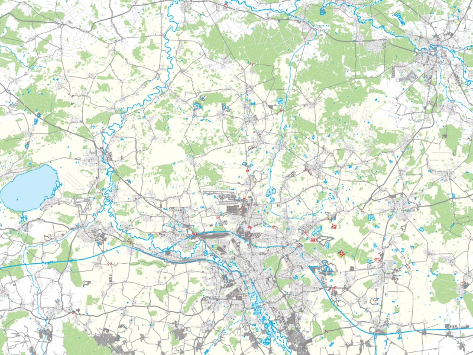 Karte mit Landschaftsmerkmalen und Bebauungen.