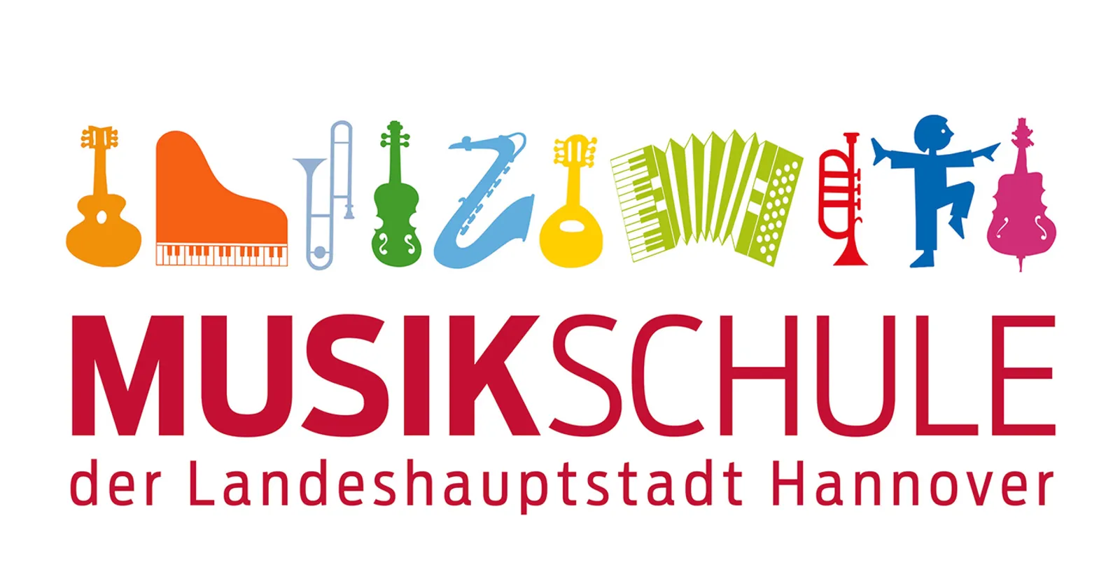 über dem Schriftzug "Musikschule der LHH Hannover" sind bunt viele Musikimstrumente und ein tanzender Mensch abgebildet