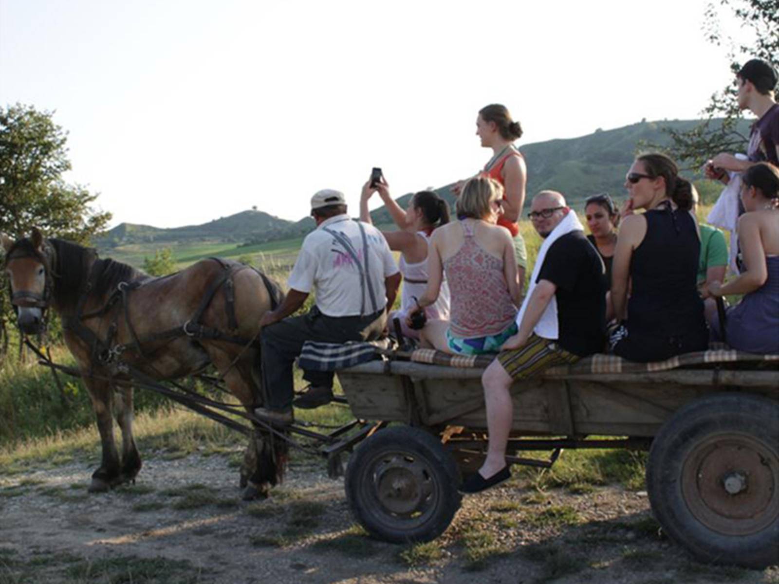 Jugendliche und Kutscher auf einem Holzwagen, der von einem Pferd durch ländliches Gebiet gezogen wird.