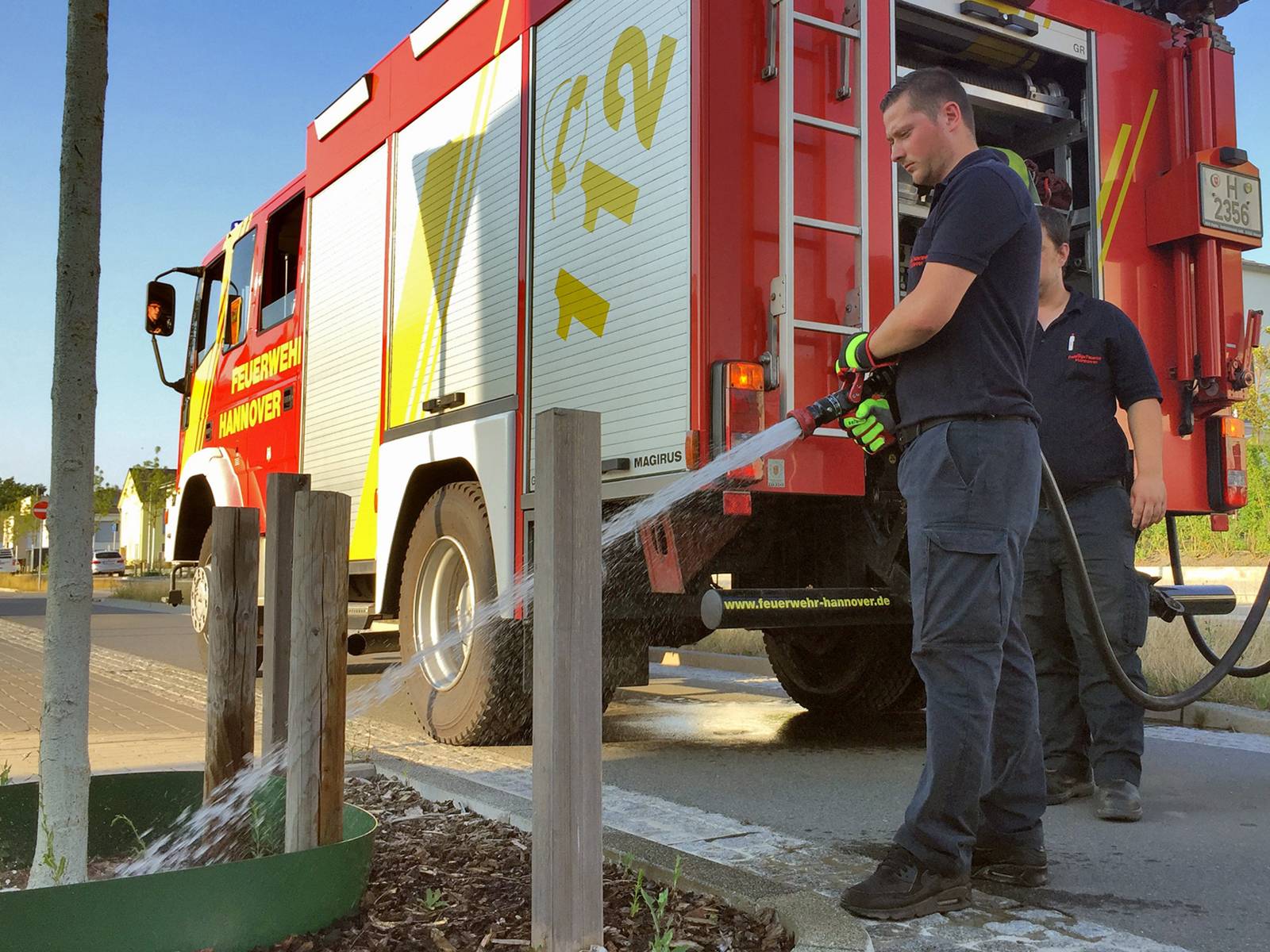 Feuerwehrleute bewässern einen jungen Baum