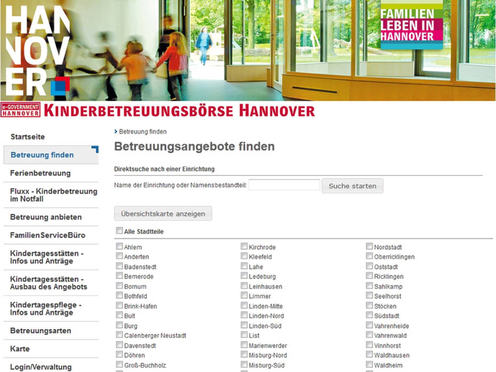 Vorschau auf den Internetauftritt der Kinderbetreuungsbörse Hannover