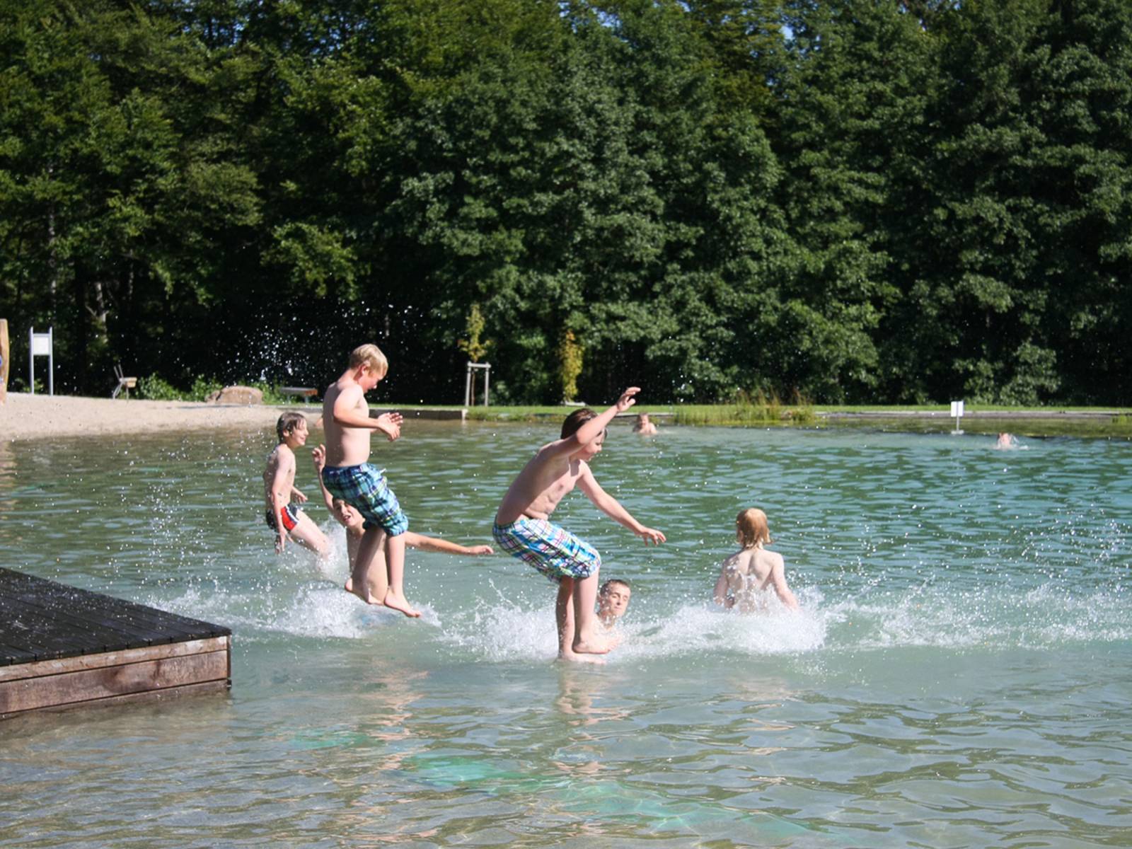Jugendliche springen mit Anlauf in einen See