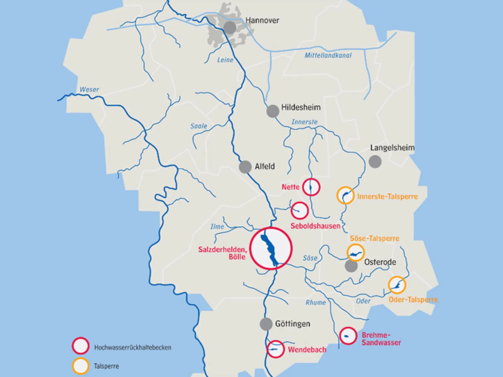 Karte, auf der Talsperren und Rückhaltebecken der Gewässer südlich von Hannover eingezeichnet sind