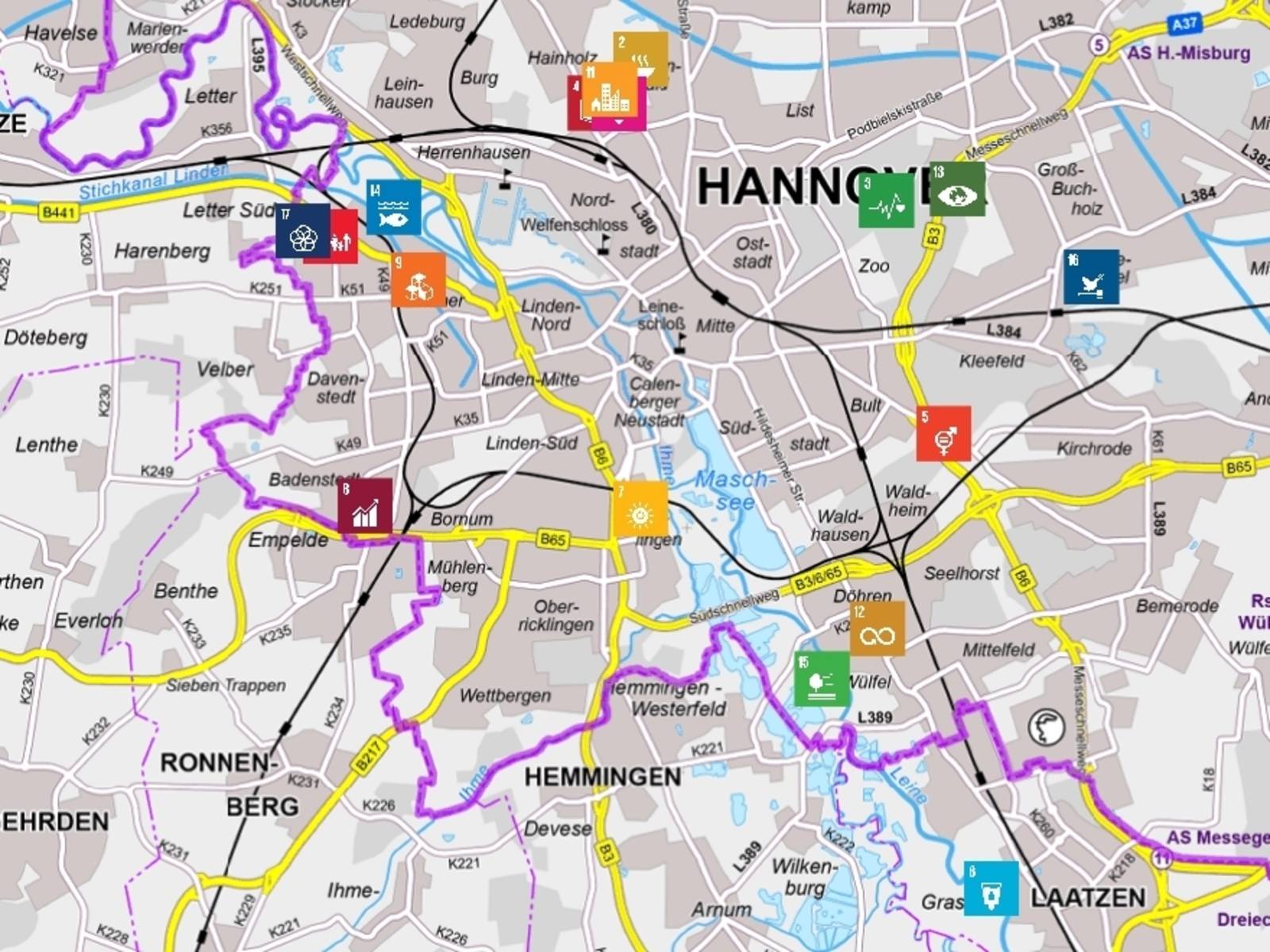 Stadtkarte von Hannover mit den Standorten zur Geocaching-Tour "Nachhaltige Ge(o)heimnisse"