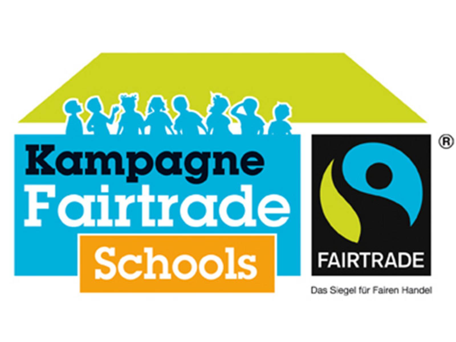 Illustration mit Kindern im Scherenschnitt und den Schriftzügen Kampagne Fairtrade Schools und Fairtrade Siegel