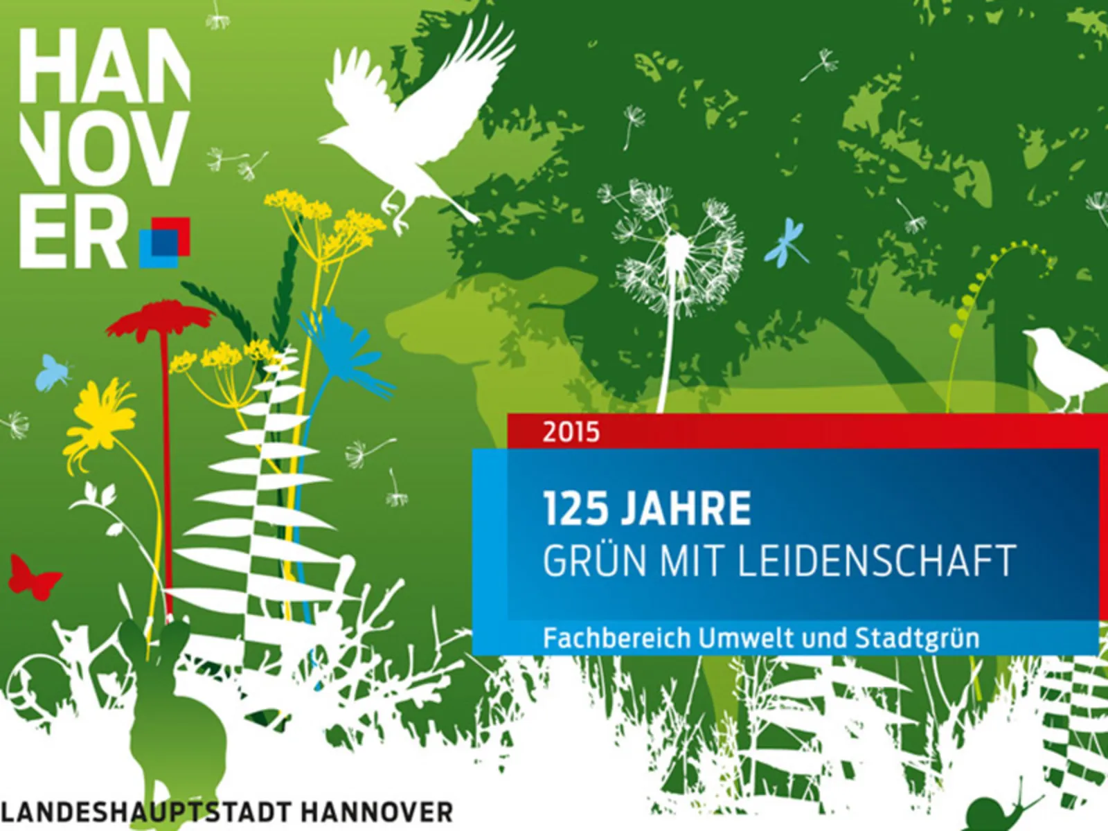 Wimmelbild mit schematischen Darstellungen von Tieren und Pflanzen in einer parkähnlichen Umgebung