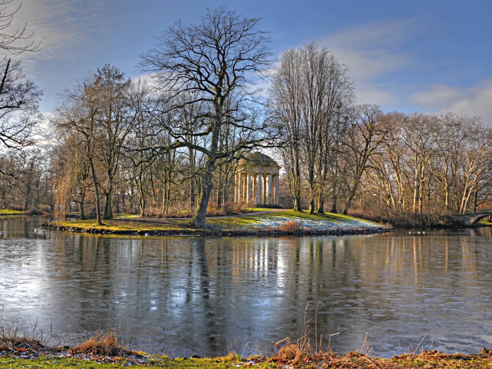 Mit ein bisschen Eis bedeckter Teich, umringt von Bäumen