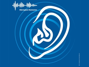 Ein gezeichnetes Ohr plus Aufschrift "Hörregion Hannover" auf blauem Hintergrund.