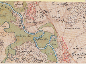 Ausschnitt aus einer historischen Karte, der den Fluss Leine und Ortsteile von Grasdorf zeigt