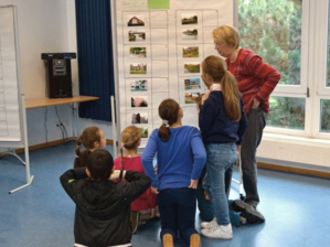 Schülerinnen und Schüler der Grundschule Hägewiesen suchen gemeinsam mit ihren "Beraterinnen" 32 Motive für das Foto-Memo-Spiel heraus.