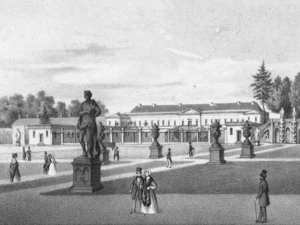 Lithographie des Großen Gartens, im Hintergrund das Schloss Herrenhausen