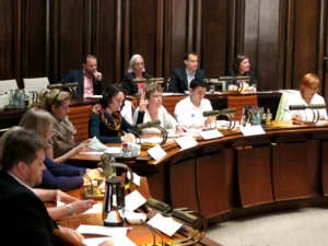 Elf Personen sitzen in zwei Reihen im Viertelkreis hinter Pulten. Eine davon signalisiert mit der Hand einen Redebeitrag.