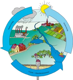 Grafische Darstellung eines Wasserkreislaufs mit Niederschlag, Verdunstung und Grund- und Oberfl&auml;chenwasser.