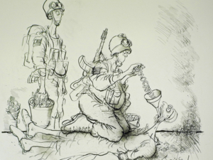 Die Zeichung zeigt zwei Soldaten, die einem am Boden liegenden Araber per Trichter die Buchstaben "Demokratie" einflößen.