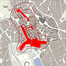 Stadtkartenausschnitt mit markiertem Wettbewerbsgebiet