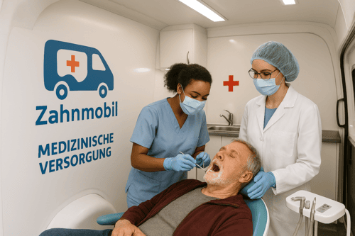 Ein Patient wird in einem Zahnmobil von einer Zahnärztin versorgt.