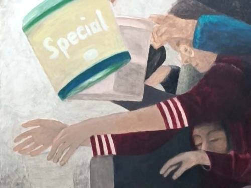 Zu sehen ist eine Malerei von Jane Wyrwa: Zu sehen sind hungernde Menschen, die nach Nahrung greifen.