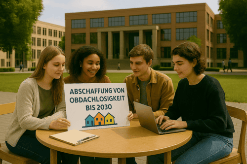 Vier jungen Menschen sitzen um einen Tisch. Eine junge Frau schreibt an einem Laptop. Auf einem Schild steht Abschaffung Obdachlosigkeit bis 2030
