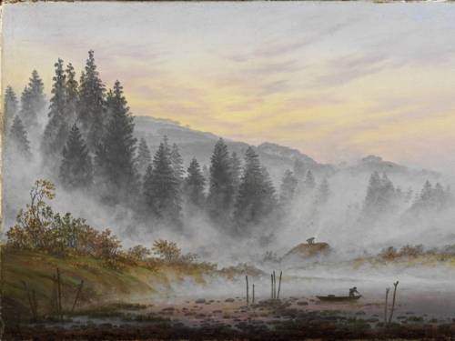Zu sehen ist ein Ölgemälde einer nebligen Landschaft von Caspar David Friedrich.