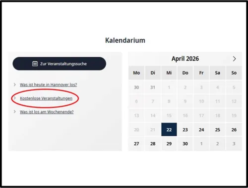 Kalenderblatt, bei dem die Zeile "Kostenlose Veranstaltungen" rot umrandet ist.