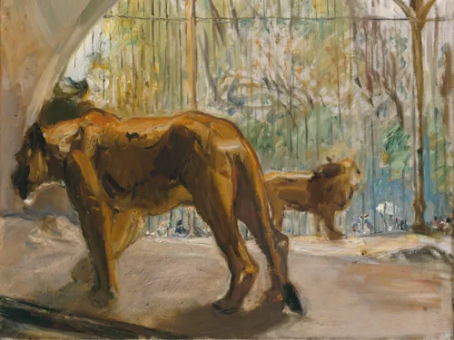 Zu sehen ist ein Ölgemälde auf Leinwand eines schreitenden Löwen im Zoo, gemalt vom Max Slevogt.