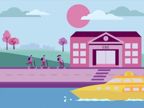 Comic-Bild, auf dem drei Personen mit Scootern in Richtung eines Schulgebäudes fahren, im Vordergrund ein Wassertaxi